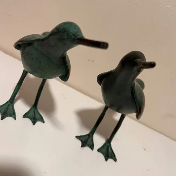 Vintage Pair Bronze Shorebird Figurines Green Verdigris Patina Coastal Decor MCM - Picture 9 of 9